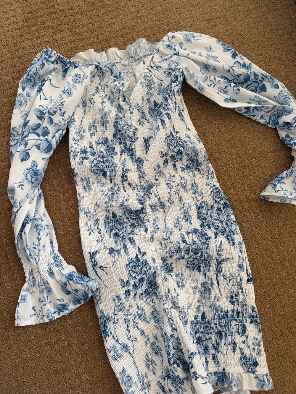Blue Floral Smocked Long Sleeve Midi Dress